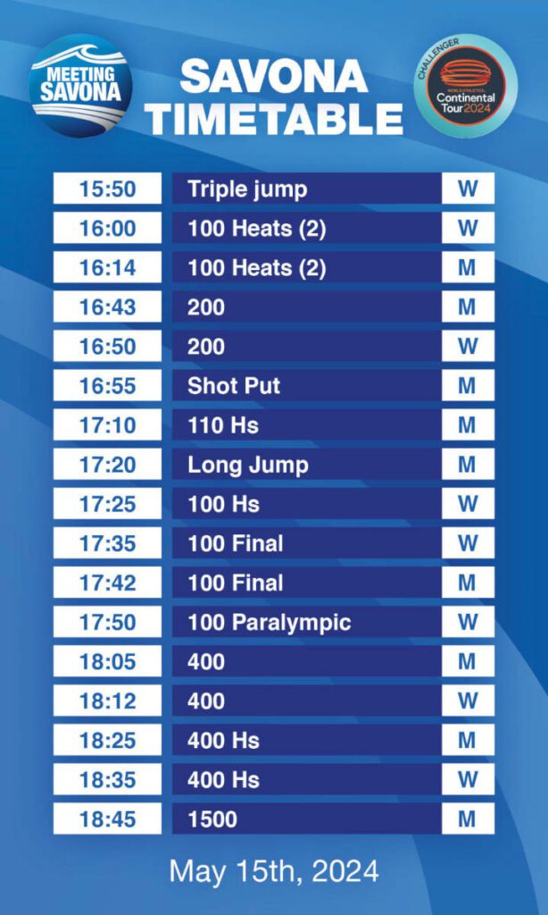 Il programma orario del Meeting di Savona 2024.