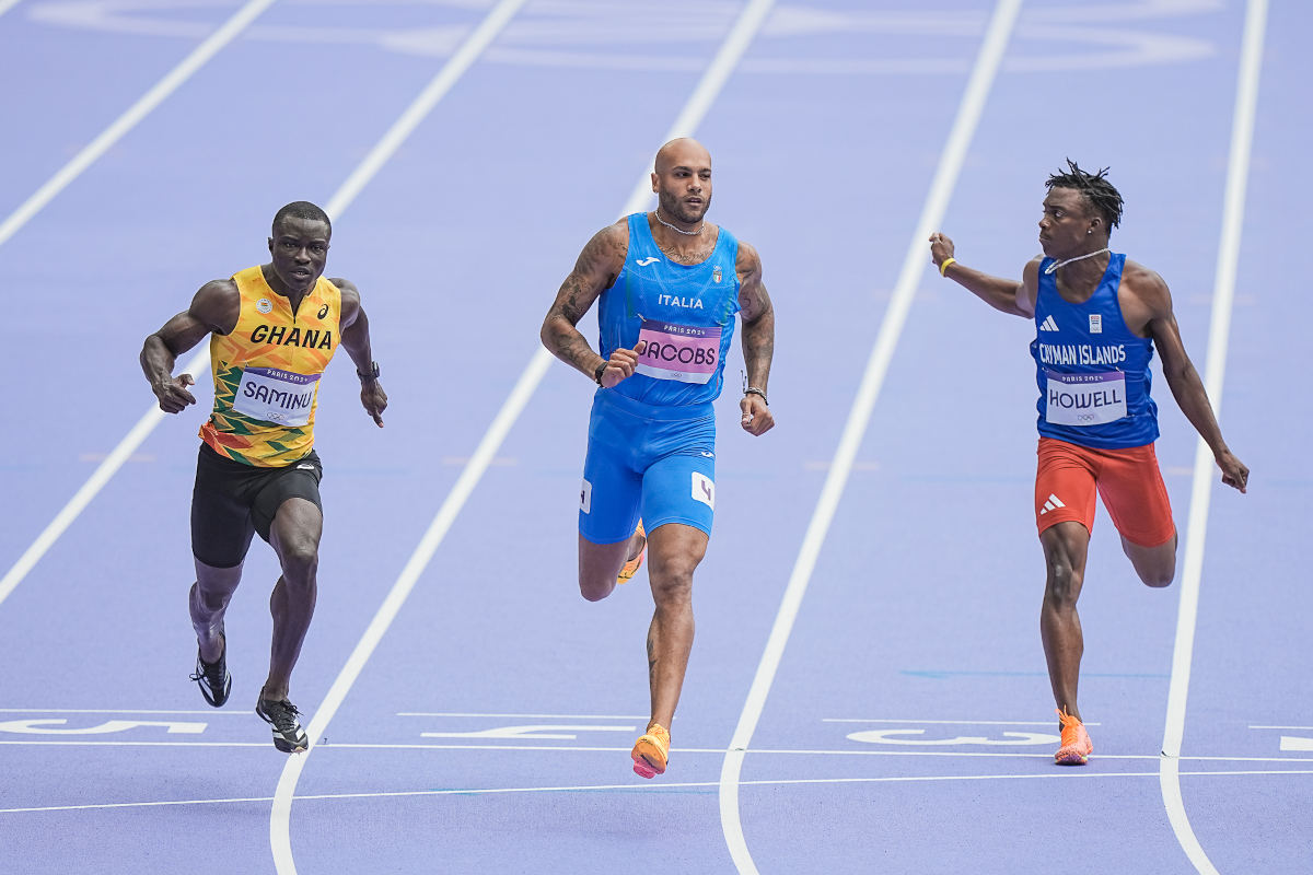 Marcell Jacobs nei 100 metri alle Olimpiadi.